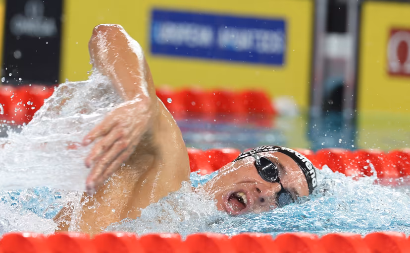 Belgian athlete Lucas Henveaux pictured in action during the heats of the Men's 400 m freestyle race on the last day of the European Aquatics Championships in Paris, France on Sunday 16 August 2026. BELGA PHOTO VIRGINIE LEFOUR