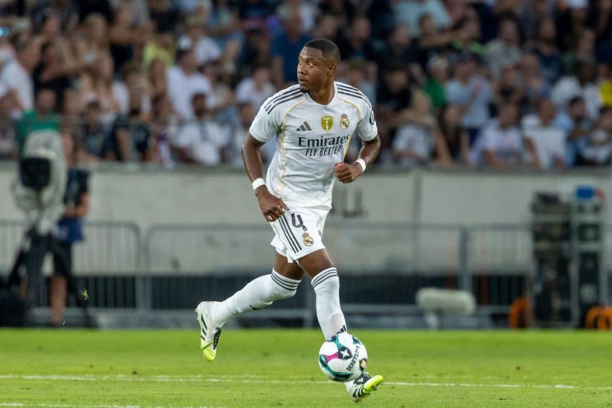 Real Madrid's Austrian defender #04 David Alaba plays the ball during the international friendly match between WSG Tirol and Real Madrid in Innsbruck on August 12, 2025. Johann GRODER / EXPA / APA / AFP