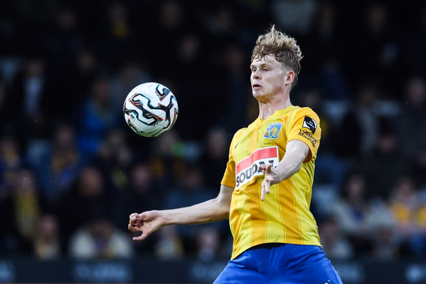 Westerlo's Arthur Piedfort pictured in action during a soccer match between KVC Westerlo and Standard de Liege, Tuesday 19 May 2026 in Westerlo, on the ninth day of the Europe Play-offs (PO2) of the 2025-2026 'Jupiler Pro League' first division of the Belgian championship. BELGA PHOTO BRUNO FAHY