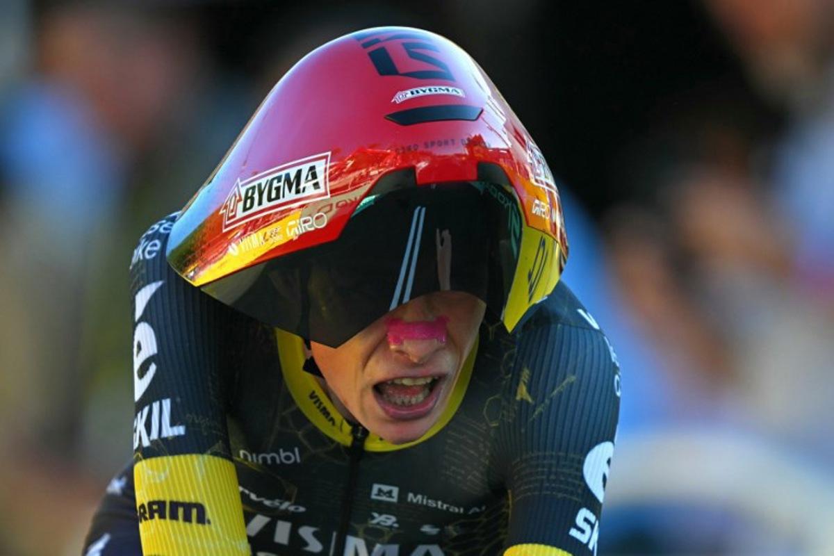Team Visma | Lease a Bike's Danish rider Jonas Vingegaard cycles to the finish line of the 1st stage of the 113th edition of the Tour de France cycling race, a 19,6 km team time trial stage in and around Barcelona in northeastern Spain, on July 4, 2026. Loic VENANCE / AFP
