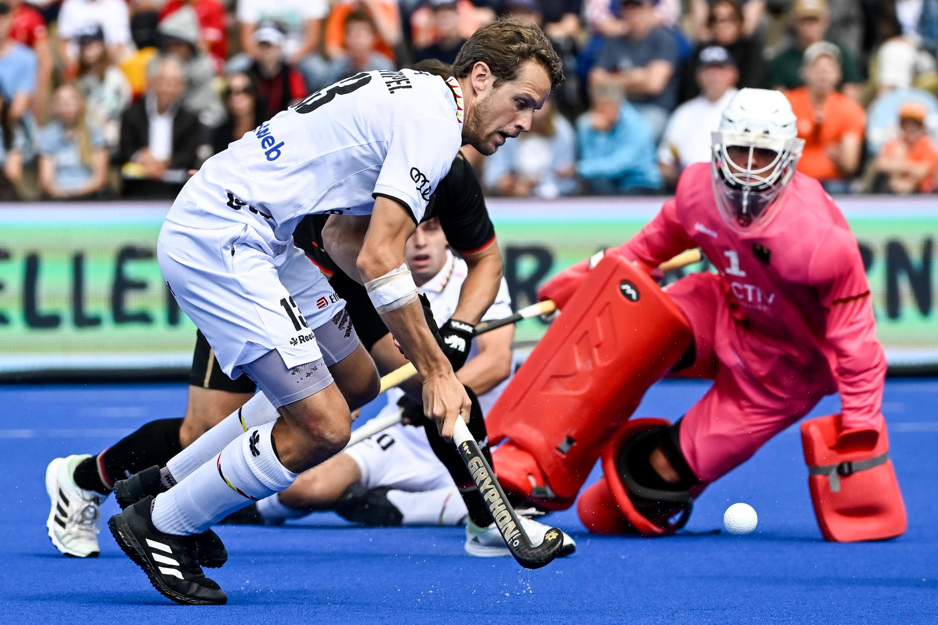 Belgium's Nicolas de Kerpel pictured in action during a hockey game between Belgian national men's hockey team Red Lions and Germany, Sunday 27 August 2023 in Monchengladbach, Germany, the third place match of the men hockey European championships. The EuroHockey championships 2023 take place from 18 August to 27 August 2023. BELGA PHOTO DIRK WAEM