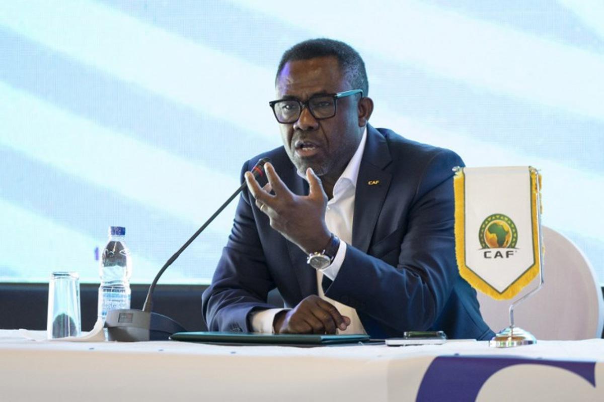 CAF General Secretary Veron Mosengo-Omba speaks during the Confederation of African Football (CAF) and VISA partnership announcement in Abidjan on October 11, 2023. WIKUS DE WET / AFP