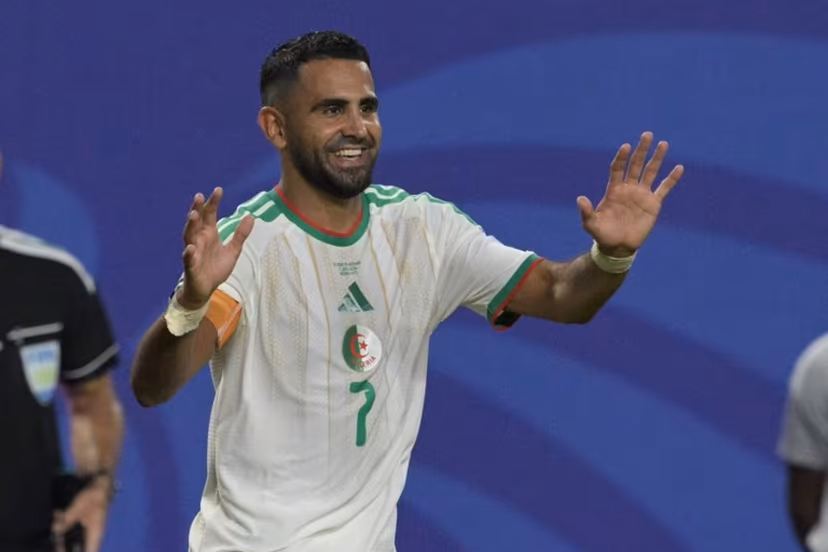 Algeria's forward #07 Riyad Mahrez celebrates scoring his team's second goal during the 2026 World Cup Group J football match between Algeria and Austria at the Kansas City Stadium in Kansas City on June 27, 2026. JUAN MABROMATA / AFP