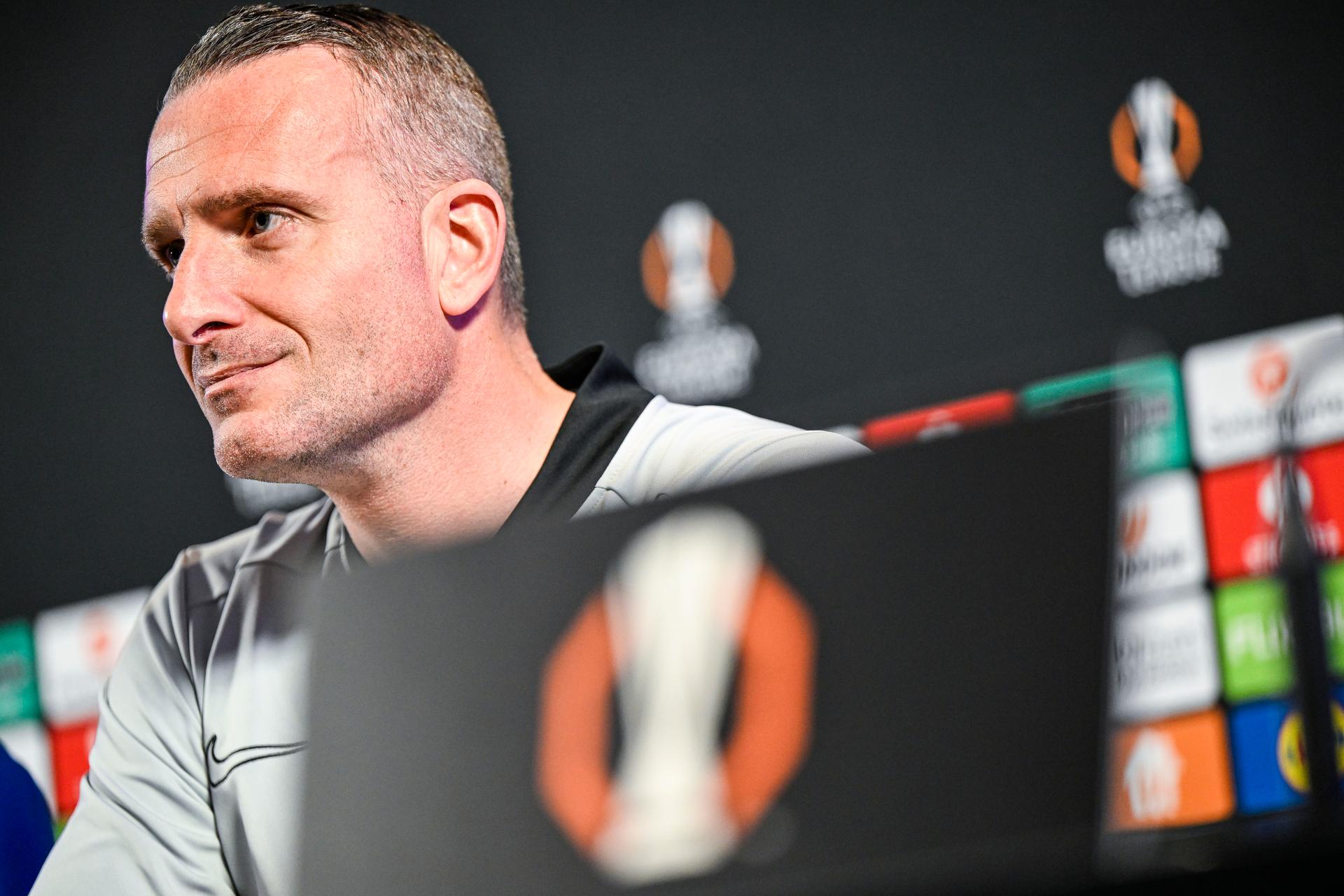 Genk's head coach Nicky Hayen pictured during a press conference of Belgian soccer team KRC Genk, Wednesday 11 March 2026 in Genk. The team is preparing for tomorrow's match against German Freiburg, the first leg of the 1/16 Finals of the UEFA Europa League tournament. BELGA PHOTO TOM GOYVAERTS