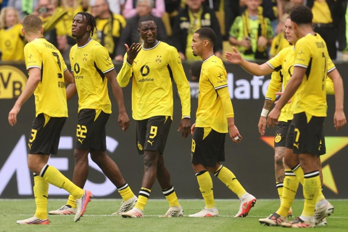 Dortmund's Guinean forward #09 Serhou Guirassy reacts after a goal is disallowed during the German first division Bundesliga football match between Borussia Dortmund and SC Paderborn in Dortmund on September 12, 2026. Leon Kuegeler / AFP