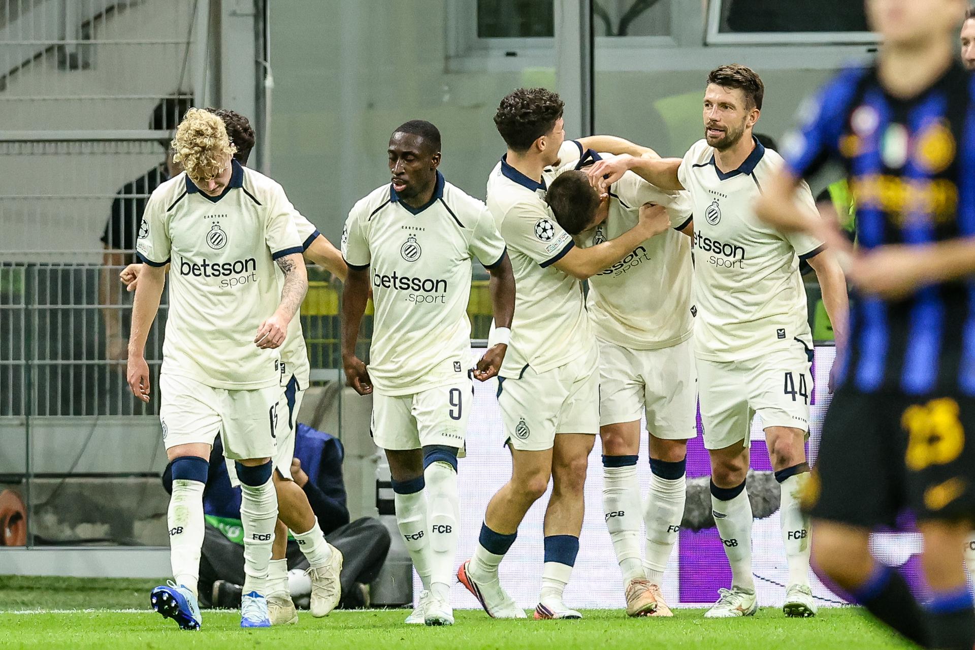 Club's Nicolo Tresoldi celebrates after scoring during a soccer game between Italian Inter Milan and Belgian Club Brugge KV, Tuesday 13 October 2026 in Milan, Italy, on day 2 of the UEFA Champions League league phase. BELGA PHOTO BRUNO FAHY