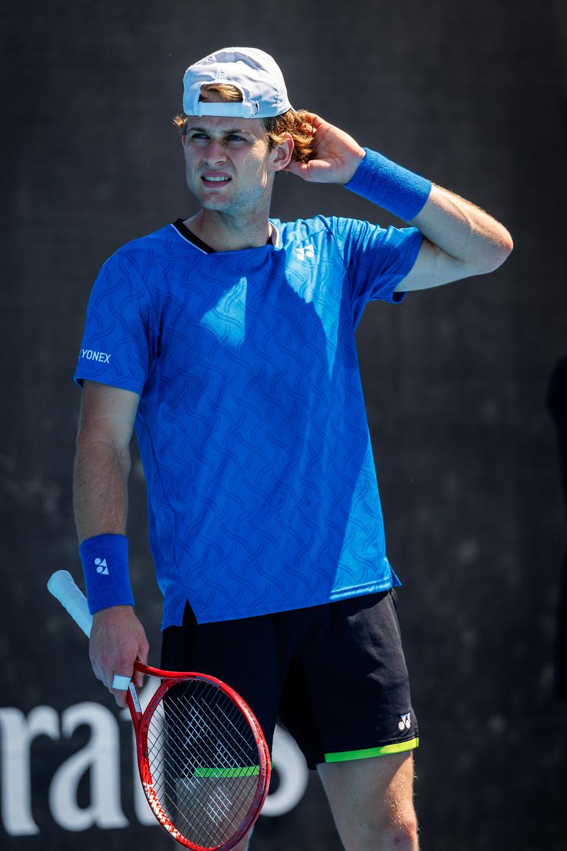 Belgian Zizou Bergs pictured during a first round match of Belgium's Bergs/Collignon against Australia's pair McCabe/Tu in the men doubles at the Australian Open, Melbourne Park, Melbourne on Wednesday 21 January 2026. McCabe/Tu won the game. BELGA PHOTO PATRICK HAMILTON --- BENELUX ONLY ---