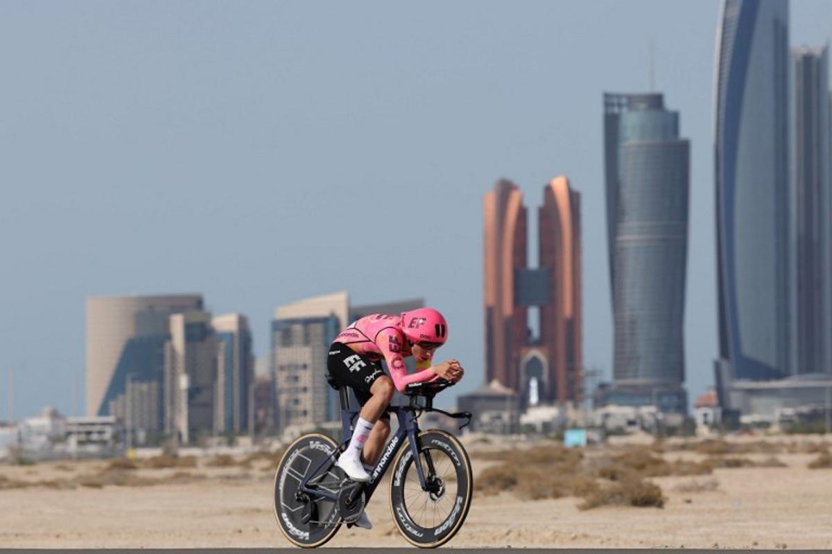 EF Education-Easypost's Spanish cyclist Markel Beloki rides during the second stage of the 6th UAE Cycling Tour from al-Hudayriyat Island to al-Hudayriyat Island on February 20, 2024. Giuseppe CACACE / AFP