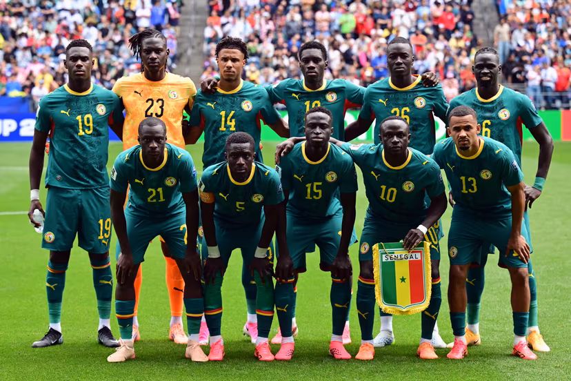 Senegal players pose for a family portrait at the start of a soccer game between Belgian national team Red Devils and Senegal, on Wednesday 01 July 2026, at the Seattle Field, in Seattle, a 1/16 finals game in the FIFA World Cup 2026. BELGA PHOTO DIRK WAEM