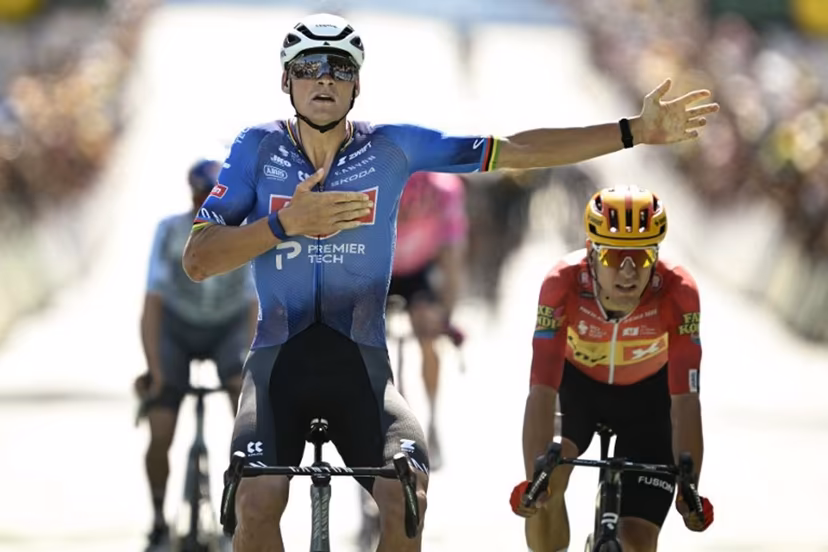 Alpecin - Premier Tech team's Dutch rider Mathieu van der Poel cycles to the finish line to win the 9th stage of the 113th edition of the Tour de France cycling race, 154,6 km between Malemort and Ussel in central France, on July 12, 2026. Loic VENANCE / AFP
