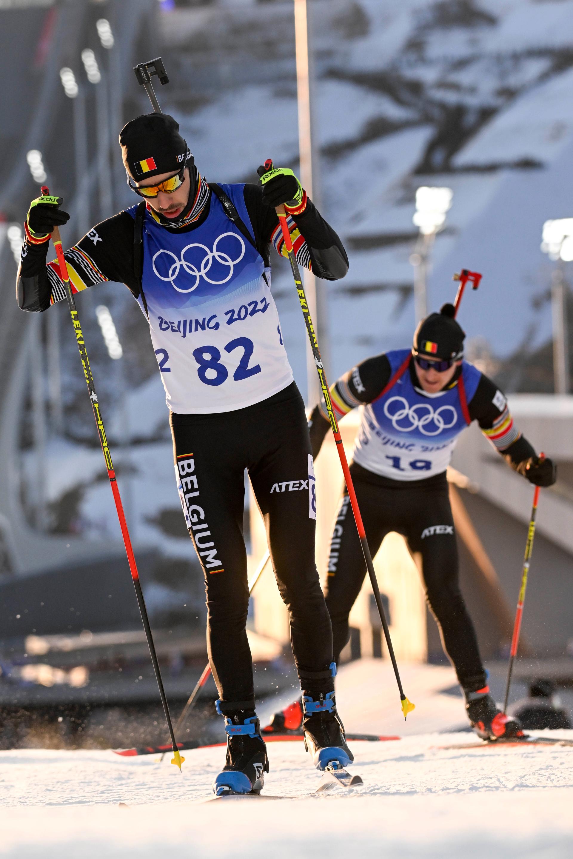 Belgian biathlete Cesar Beauvais and Belgian biathlete Florent Claude pictured in action during the men's 20 km biathlon race, at the National Biathlon Center in Zhangjiakou, at the Beijing 2022 Winter Olympics in Beijing, China, Tuesday 08 February 2022. The winter Olympics are taking place from 4 February to 20 February 2022. BELGA PHOTO LAURIE DIEFFEMBACQ