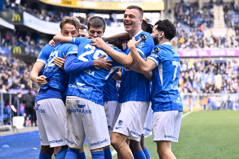 Genk's Noah Adedeji-Sternberg celebrates after scoring during a soccer match between KRC Genk and KAA Gent, Sunday 01 March 2026 in Genk, on day 27 of the 2025-2026 'Jupiler Pro League' first division of the Belgian championship. BELGA PHOTO JOHAN EYCKENS