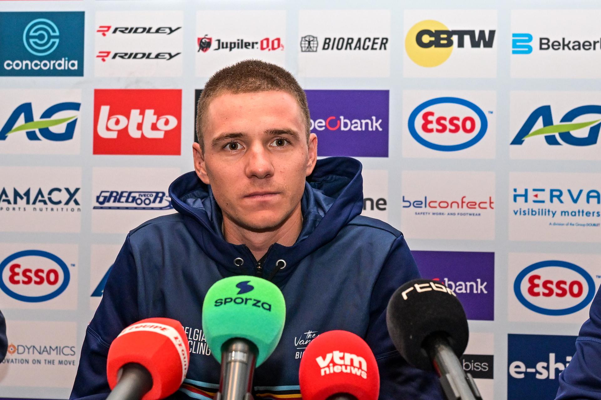 Belgian Remco Evenepoel is pictured during a press conference ahead of the cycling European Championships, in Ljubljana, Slovenia, Friday 2 October 2026. The UEC road championships are taking place from 03 to 07 October. BELGA PHOTO DAVID PINTENS
