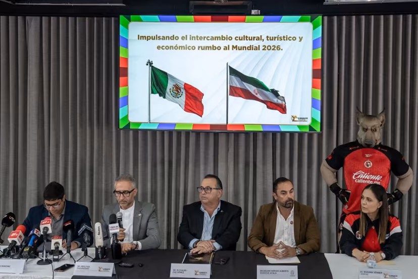 Iran's ambassador to Mexico Abolfazl Pasandideh (2nd L) attends a press conference ahead of the arrival of the national football team for the FIFA 2026 World Cup football tournament, in Tijuana, Baja California, Mexico on June 6, 2026, Iran lashed out at the United States for refusing visas to some of its squad support staff as the players were to leave Turkey for Mexico, just days before the June 11 start of the 2026 World Cup, which is being jointly hosted by the United States, Mexico and Canada. Chris Noyola / AFP