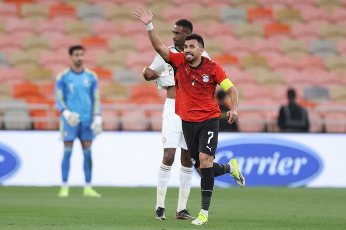 Egypt's forward #7 Mahmoud Trezeguet celebrates after scoring his team's second goal during the friendly football match between Saudi Arabia and Egypt at King Abdullah Sports City in Jeddah on March 27, 2026. AFP
