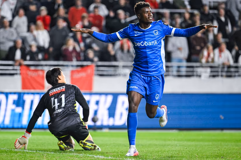 Genk's Aaron Bibout Banind celebrates after scoring during a soccer match between Royal Antwerp FC and KRC Genk, Saturday 22 August 2026 in Antwerp, on day 3 of the 2026-2027 'Jupiler Pro League' first division of the Belgian championship. BELGA PHOTO TOM GOYVAERTS