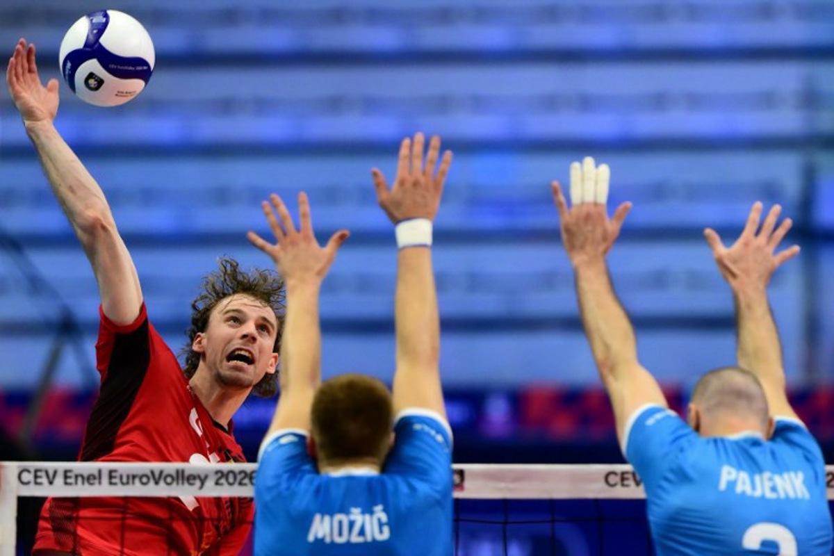 Belgium's Ferre Reggers spikes the ball during the CEV EuroVolley 2026 men's volleyball quarterfinal match between Belgium and Slovenia at the Palavela in Turin on September 23, 2026. Marco Bertorello / AFP