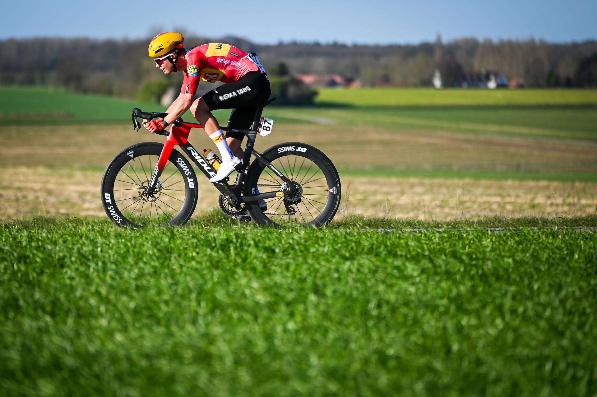 Tobias Svarre of Uno X pictured during the 'Nokere Koerse' one day cycling race for men elite, 186,4 km from Deinze to Nokere, Kruisem on Wednesday 18 March 2026. BELGA PHOTO ELIAS ROM
