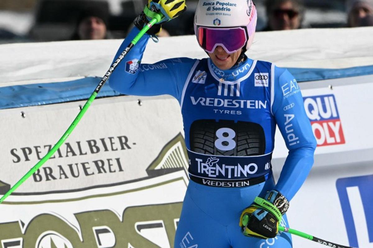 Italy's Elena Curtoni reacts after her run in the Women's Super G race of the FIS Ski World Cup at the La Volata slope in the Passo San Pellegrino ski area, Val di Fassa, Italy on March 8, 2026. Andreas SOLARO / AFP