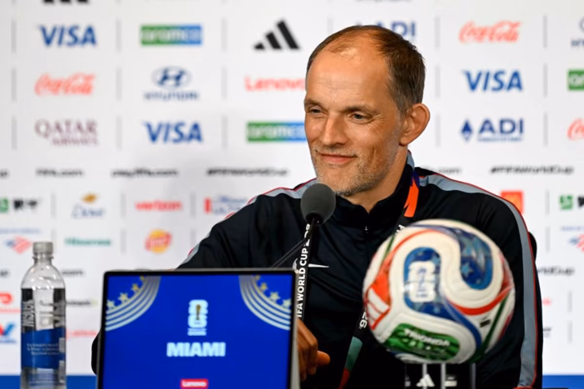 England's German head coach Thomas Tuchel gives an MD-1 press conference at Miami Stadium in Miami on July 10, 2026, on the eve of the 2026 World Cup football tournament quarter-final match between Norway and England. CHANDAN KHANNA / AFP