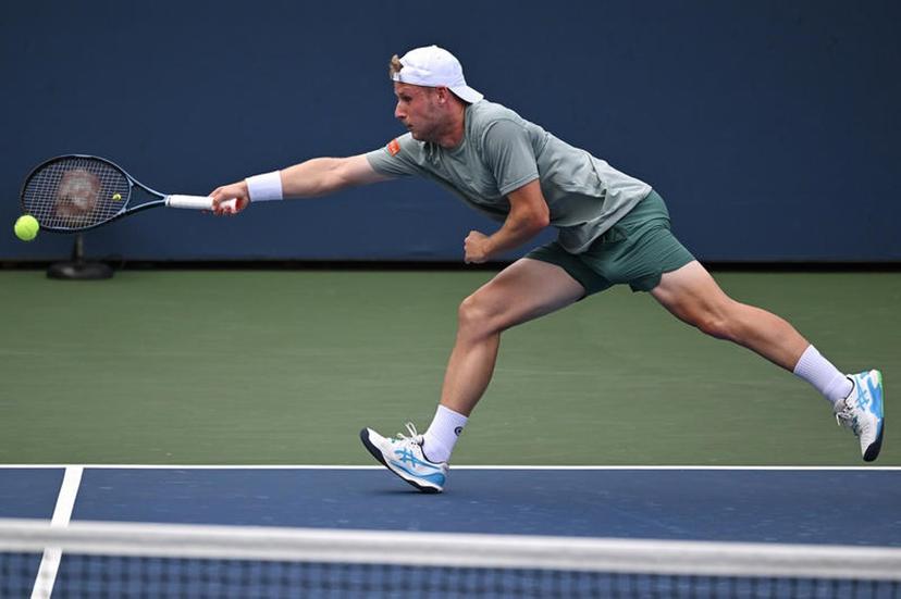 Gauthier Onclin of Belgium returns a serve against Nikoloz Basilashvili of Georgia during the Men's Qualifying Singles Round 1 of the 2025 US Open tournament, at the USTA Billie Jean King National Tennis Center in Flushing Meadow-Corona Park, in the Queens borough of New York, NY, August 18, 2025. (Photo by Anthony Behar/SipaUSA)
