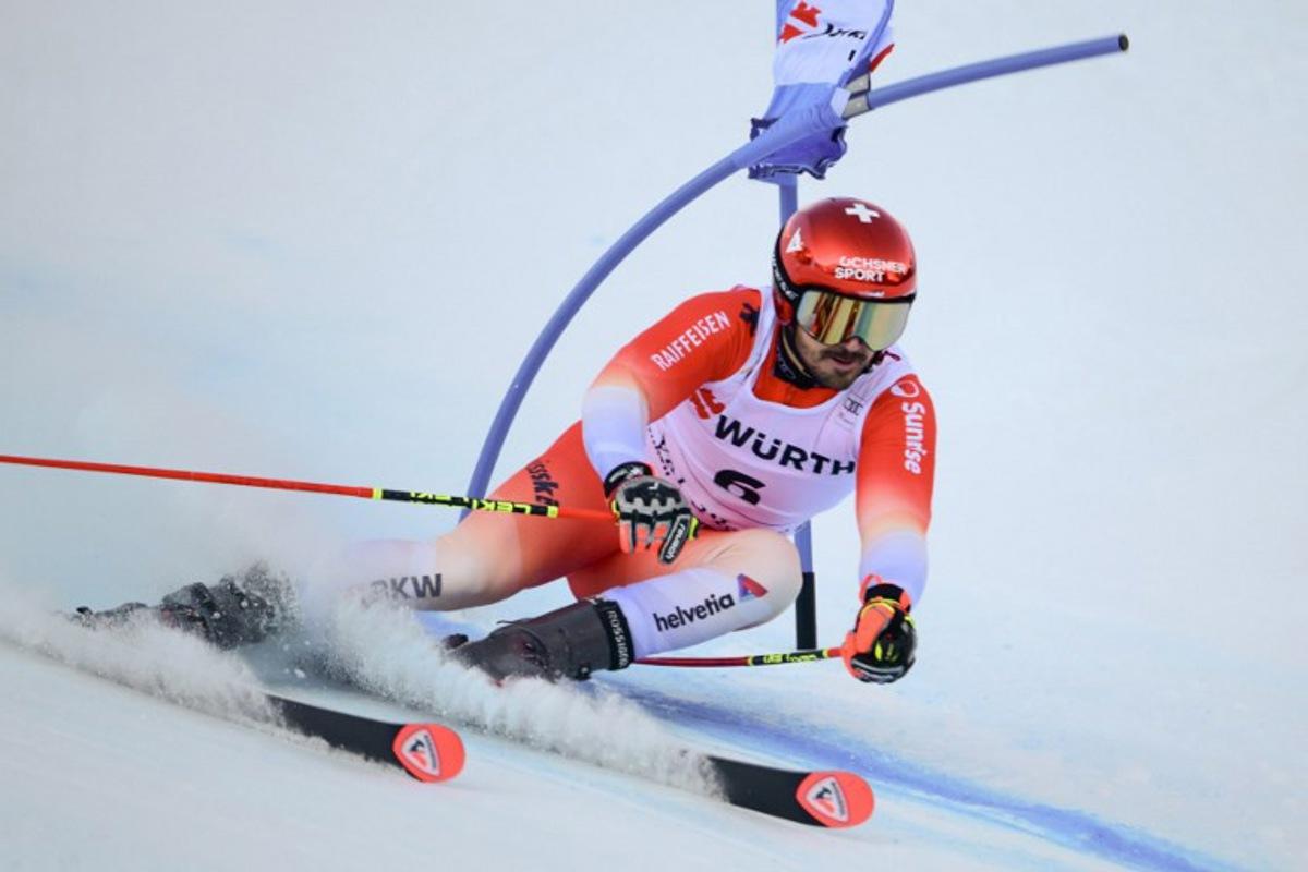 Switzerland's Loic Meillard competes during the first run of the Men's Giant Slalom event of the FIS Alpine Skiing World Cup in Val d'Isere, on December 13 2025. OLIVIER CHASSIGNOLE / AFP