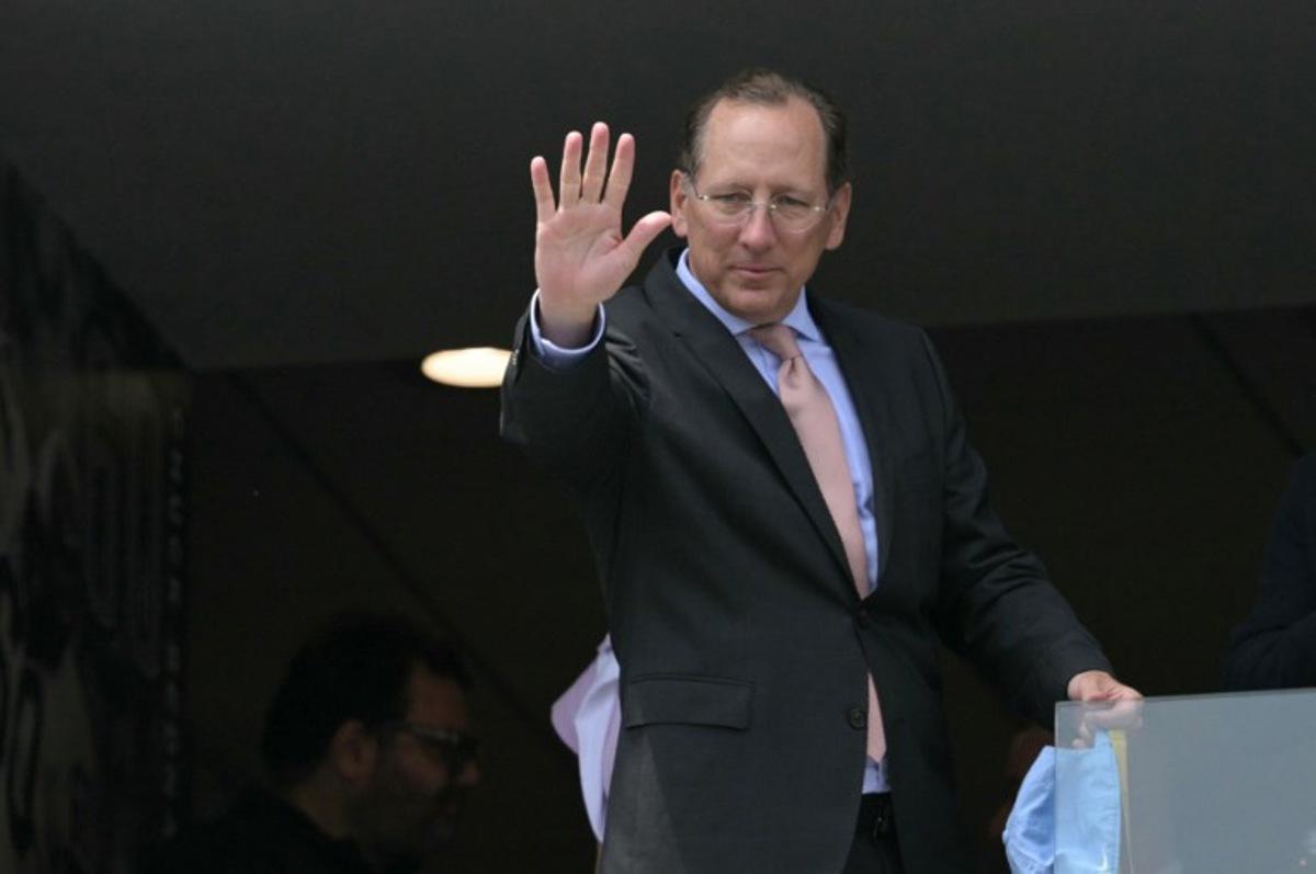 US businessman and owner of Botafogo John Textor waves ahead the FIFA Club World Cup 2025 round of 16 all-Brazilian football match between Palmeiras and Botafogo at Lincoln Financial Field Stadium in Philadelphia on June 28, 2025. JUAN MABROMATA / AFP