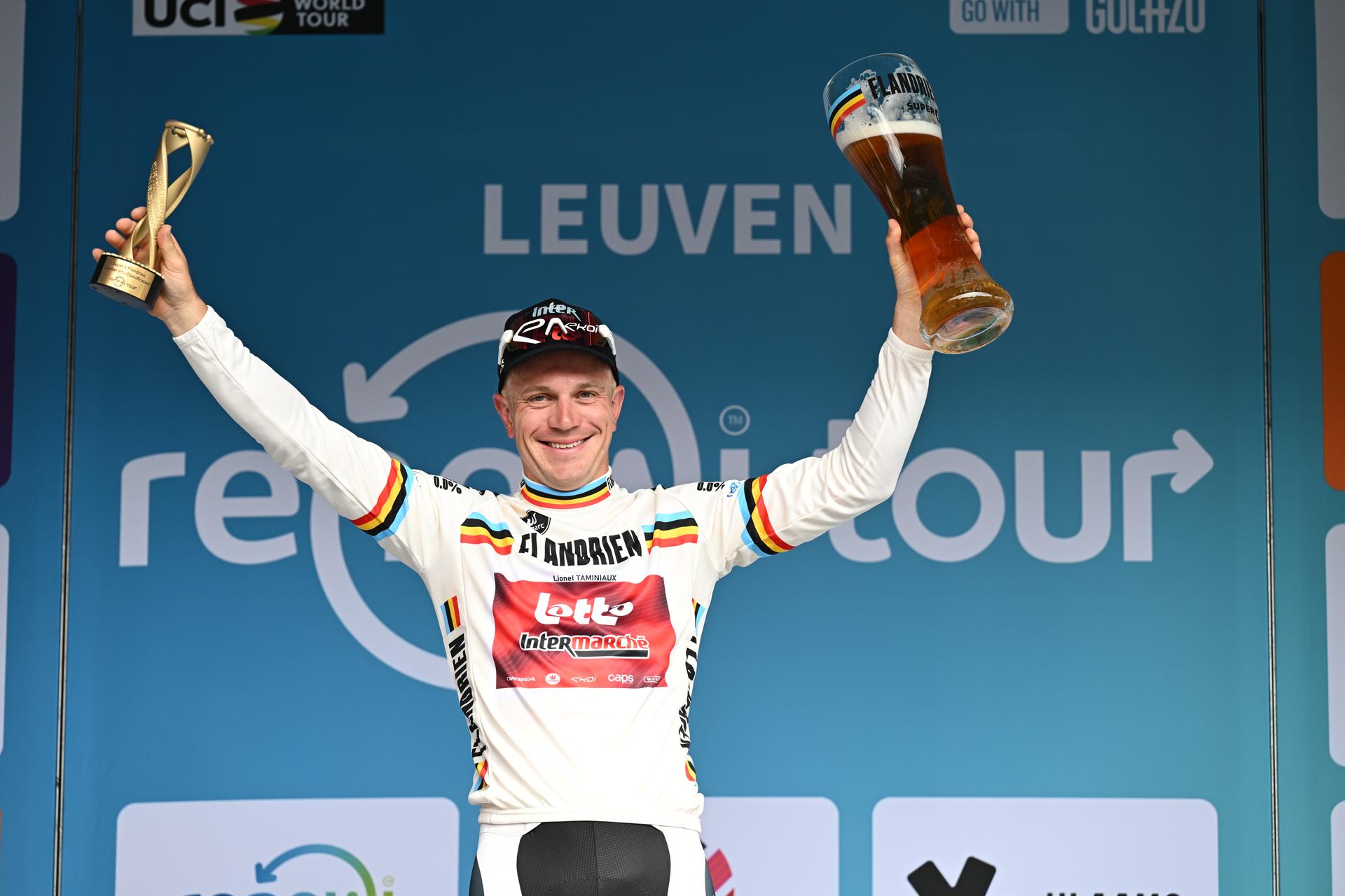 Belgian Lionel Taminiaux pictured on the podium after the fifth and last stage of the 'Renewi Tour' multi-stage cycling race, from and to Leuven (183,7 km) on Sunday 23 August 2026. The five-day race takes place from 19 to 23/08. BELGA PHOTO DAVID PINTENS