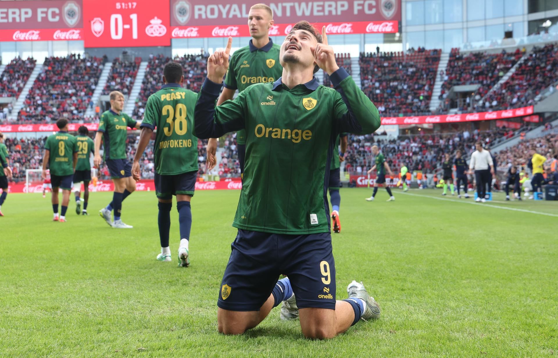 Union's Mateo Biondic celebrates after scoring during a soccer match between Royal Antwerp FC and Royale Union Saint-Gilloise, Sunday 20 September 2026 in Antwerp, on day 7 of the 2026-2027 'Jupiler Pro League' first division of the Belgian championship. BELGA PHOTO VIRGINIE LEFOUR