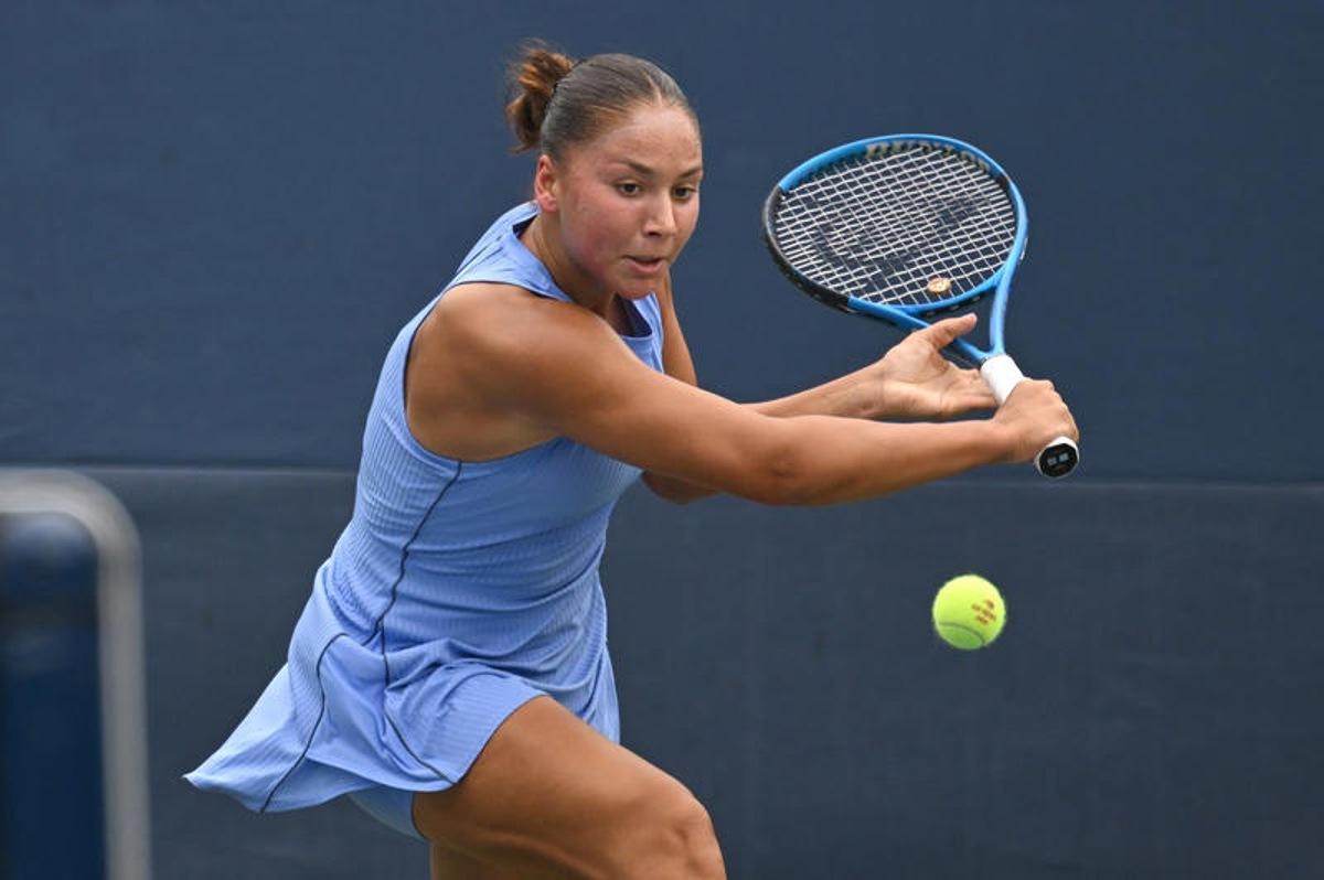 Sofia Costoulas of Belgium competes against Katie Volynets of the United States during the Women's Qualifying Singles 1st round at the USTA Billie Jean King National Tennis Center in Flushing Meadow-Corona Park, in the Queens borough of New York, NY, August 18, 2025. (Photo by Anthony Behar/SipaUSA)