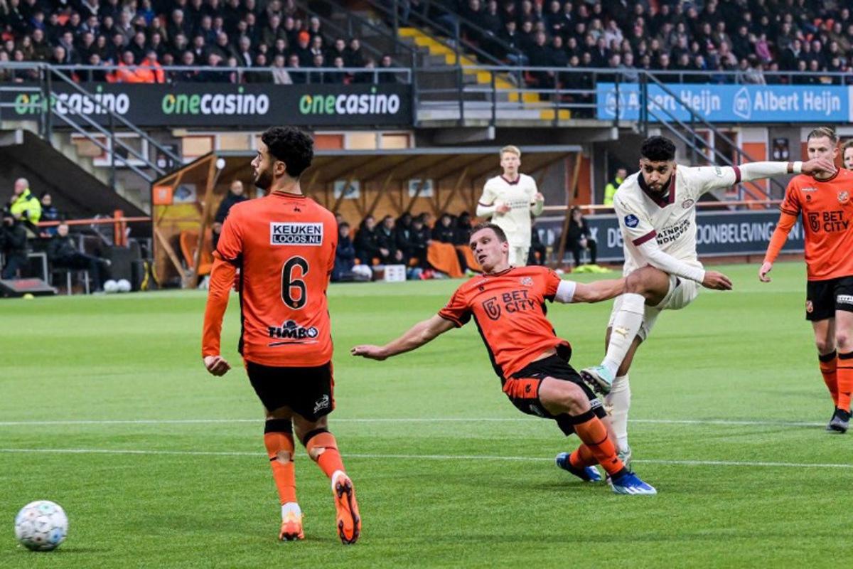 Ismael Saibari of Eindhoven shoots to score the 1-1 during the Dutch Eredivisie match between FC Volendam and PSV Eindhoven at the Kras stadium in Volendam, Netherlands on February 11, 2024. Gerrit van Keulen / ANP / AFP
