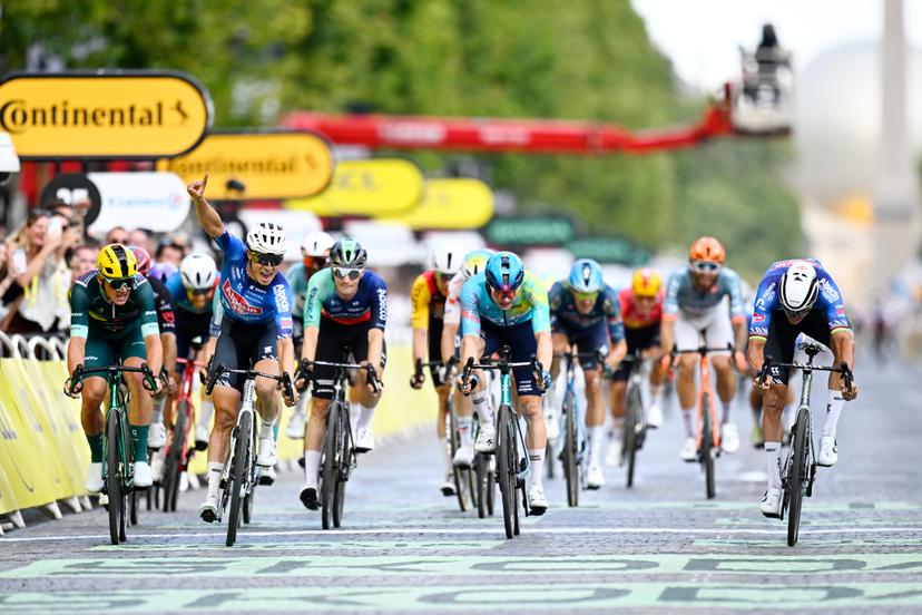 Danish Casper Pedersen of Soudal Quick-Step, Belgian Jasper Philipsen of Alpecin-Premier Tech and Dutch Mathieu van der Poel of Alpecin-Premier Tech cross the finish line of stage 21 of the 2026 Tour de France cycling race, a stage of 130km from Thoiry to Paris Champs-Elysees , on Sunday 26 July 2026. The 113th edition of the Tour de France starts on Saturday 4 July in Barcelona, Spain, and will finish in Paris, France on the 26th of July. BELGA PHOTO JASPER JACOBS