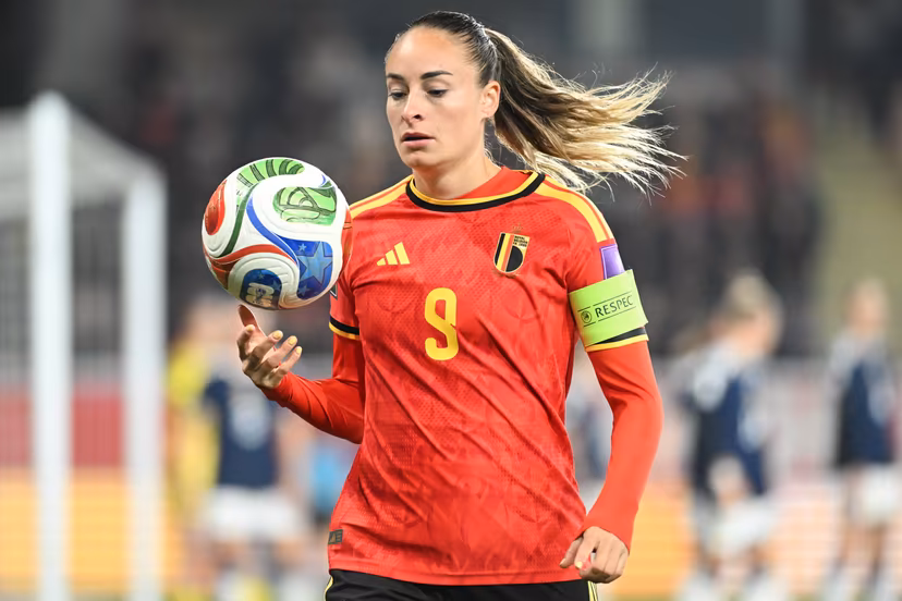 Belgium's Tessa Wullaert pictured during a soccer game between Belgium's national women's team the Red Flames and Scotland, on Saturday 18 April 2026 in Leuven, in the fourth of six games of the qualifiers for the 2027 FIFA Women's World Cup. BELGA PHOTO JILL DELSAUX