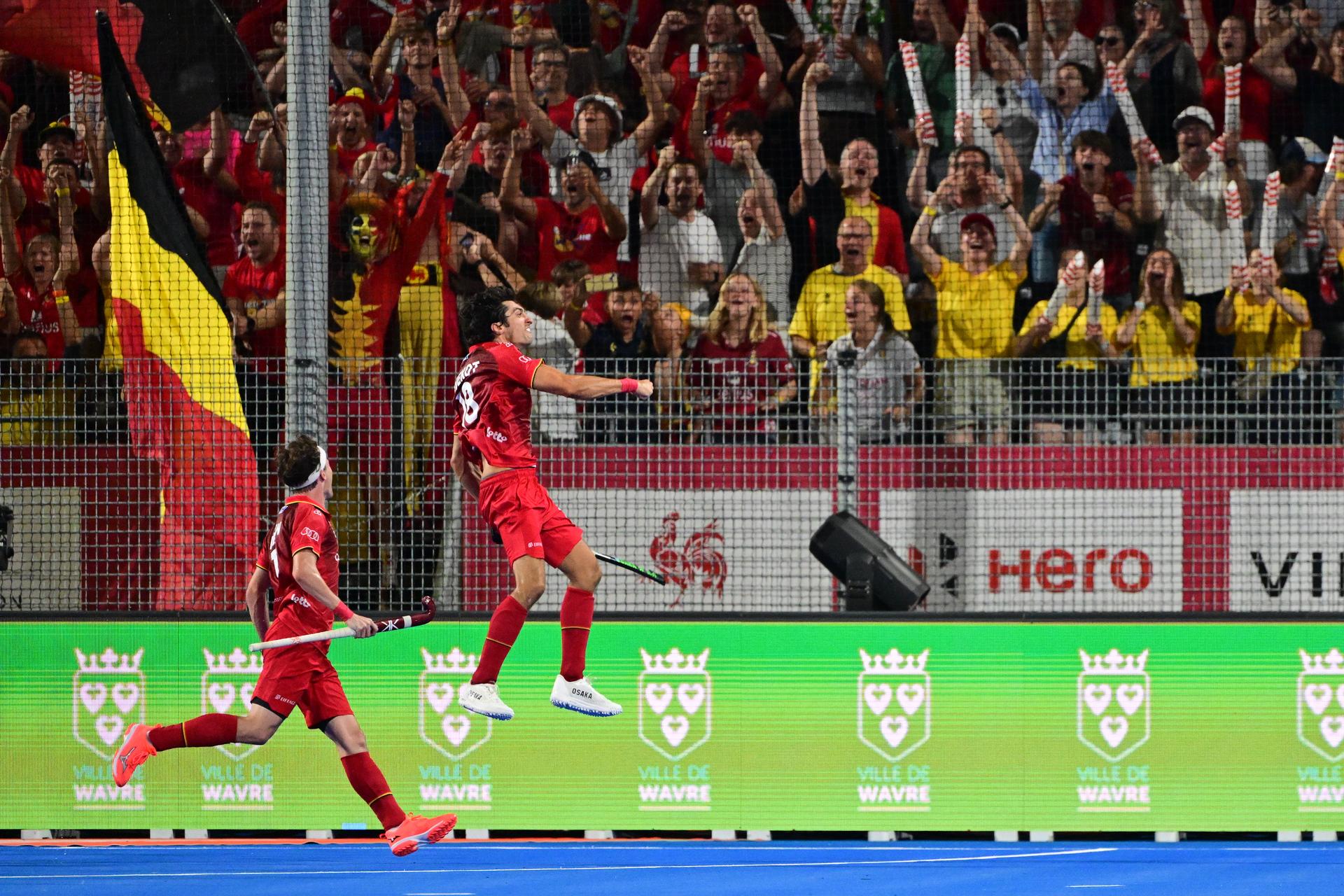Belgium's Roman Duvekot celebrates after scoring a goal at a hockey game between Belgium's Red Lions and France, the first (out of three) matches during the group stage of the men's 2026 Hockey World Cup, Saturday 15 August 2026 in Wavre. The 2026 edition of the Hockey World Cup takes place in Belgium and The Netherlands from August 15 to August 30. BELGA PHOTO DIRK WAEM