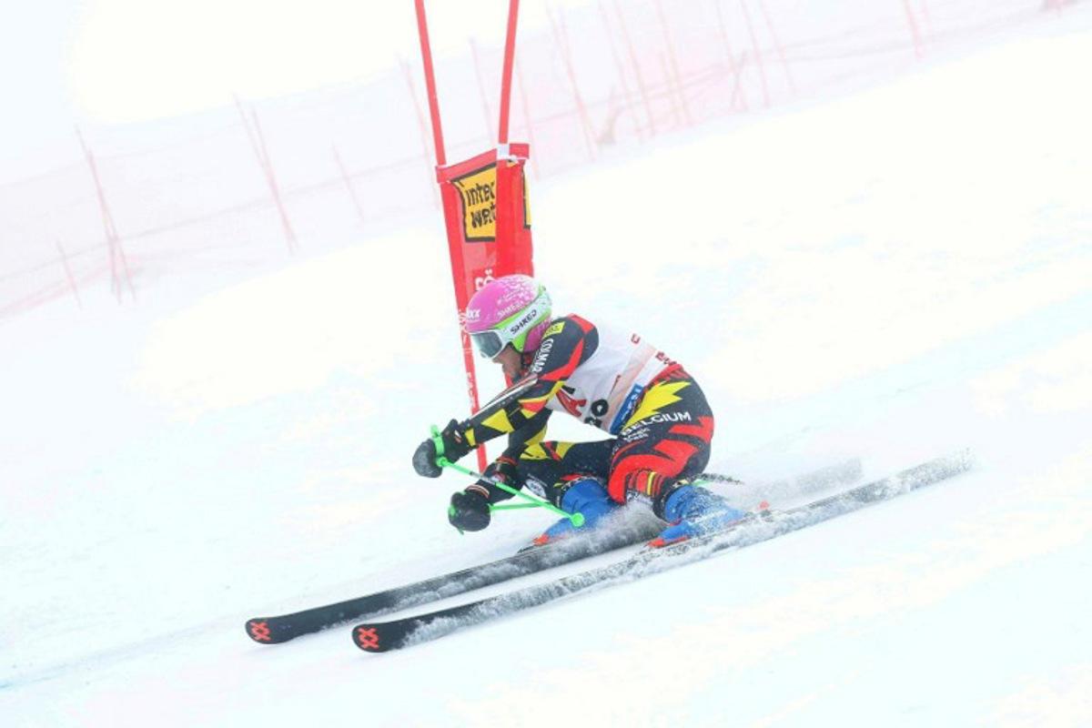 Belgium's Sam Maes competes during the first run of the men's giant slalom at the Alpine Ski World Cup opener in Solden on October 26, 2025. Johann GRODER / APA / AFP
