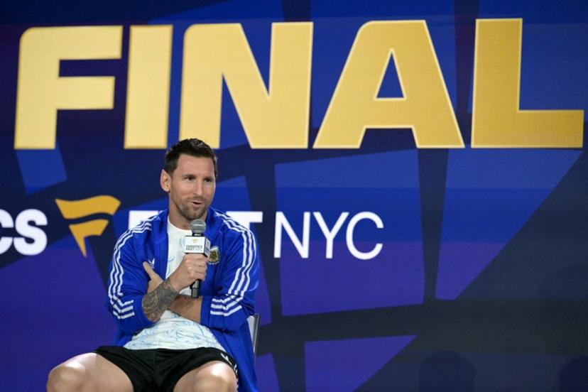 Argentina's forward #10 Lionel Messi speaks to fans at the Javits Center in New York on July 17, 2026, two days ahead of the 2026 World Cup football tournament final match between Spain and Argentina. JUAN MABROMATA / AFP