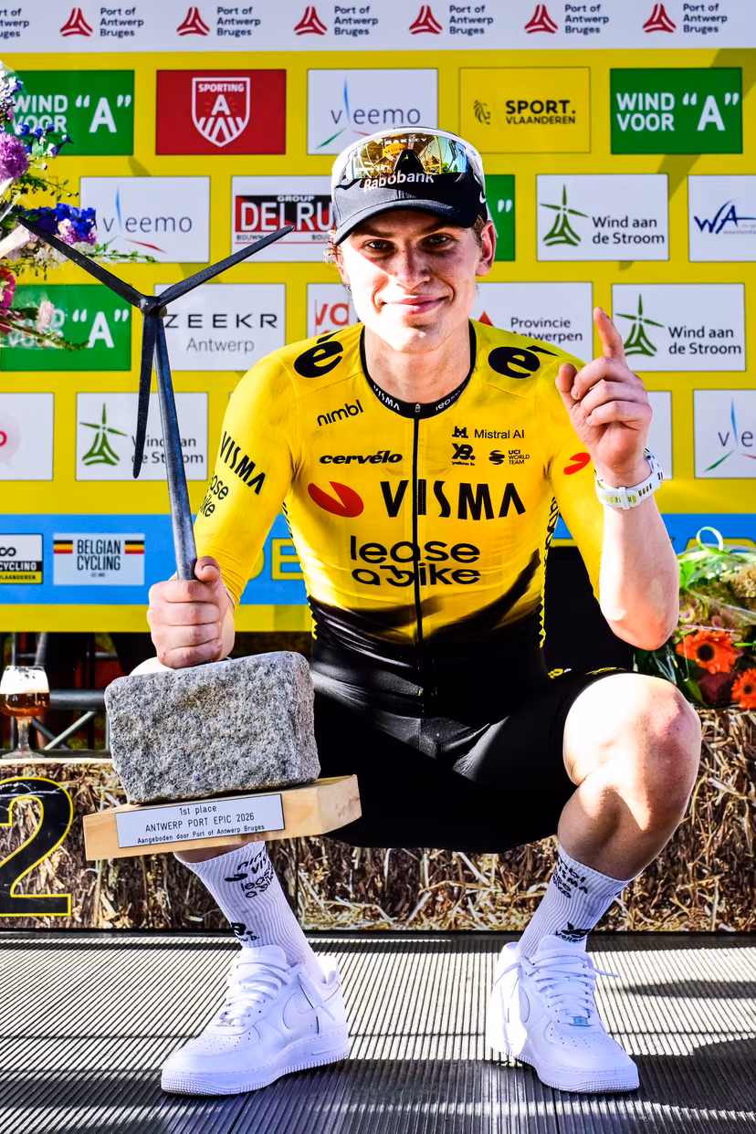 Norwegian Per Strand Hagenes of Team Visma-Lease a Bike celebrates on the podium after winning the 'Antwerp Port Epic men's elite one day cycling race, 196,4 km in and around Antwerp, Monday 25 May 2026. BELGA PHOTO TOM GOYVAERTS