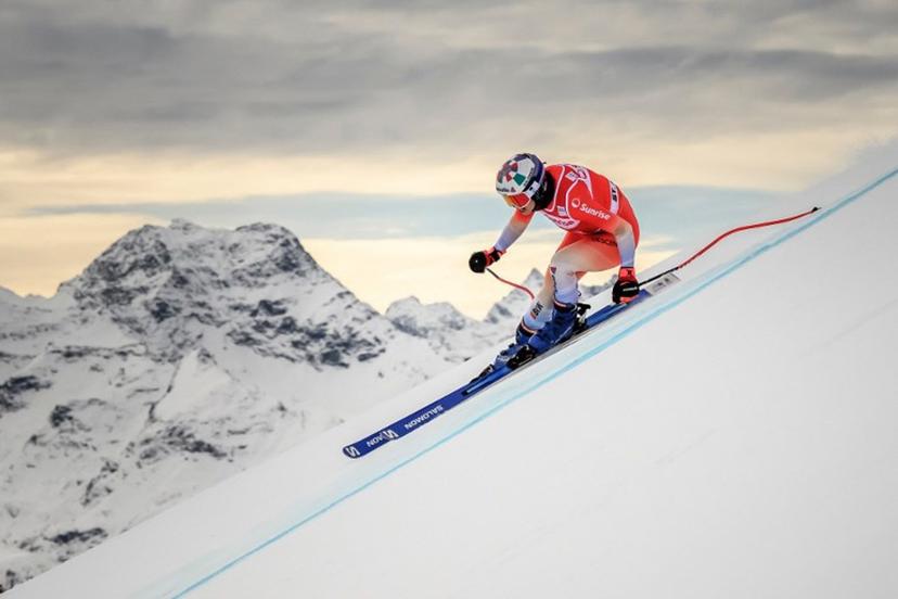 Switzerland's Michelle Gisin competes during a Women's downhill training as part of the FIS Alpine ski World Cup 2025-2026, in St Moritz on December 11, 2025. Fabrice COFFRINI / AFP