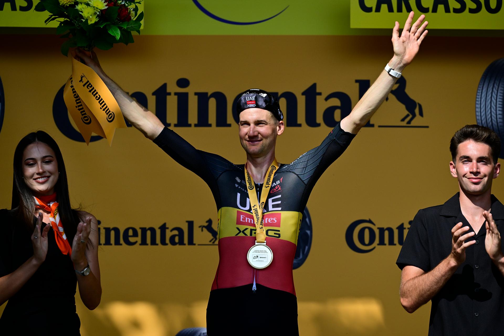 Belgian Tim Wellens of UAE Team Emirates and pictured on the podium after winning the stage 15 of the 2025 Tour de France cycling race, from Muret to Carcasonne (169 km), on Sunday 20 July 2025 in France. The 112th edition of the Tour de France starts on Saturday 5 July in Lille, France, and will finish in Paris, France on the 27th of July. BELGA PHOTO DIRK WAEM