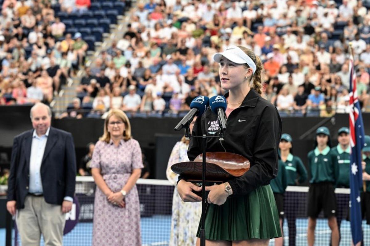 Russia's Mirra Andreeva speaks after her victory against Canada's Victoria Mboko in their women's singles final match at the Adelaide International tennis tournament in Adelaide on January 17, 2026. Michael ERREY / AFP