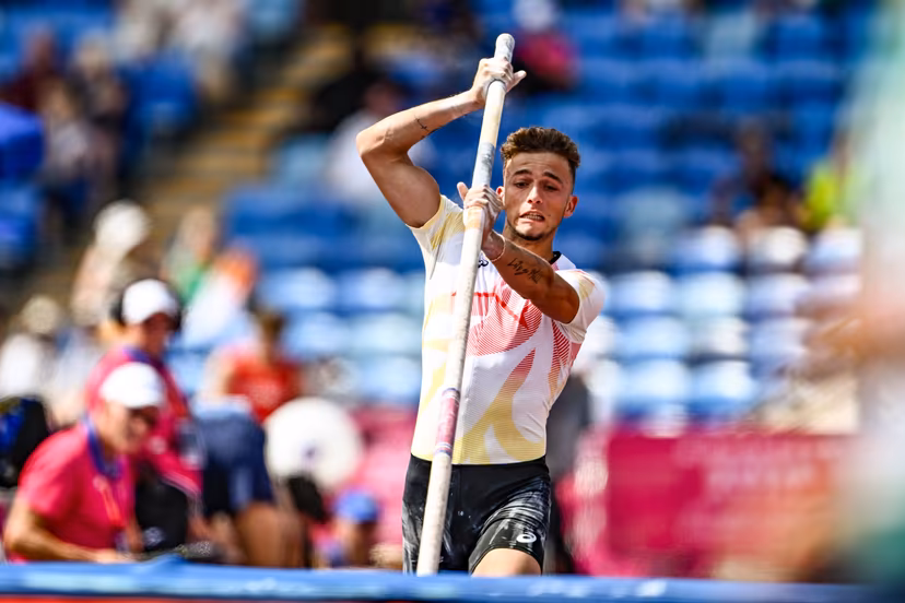Belgian Ylio Philtjens pictured in action during the men's pole vault event on the fifth day of the European Athletics Championships (August 10-18) in Birmingham, United Kingdom, on Friday 14 August 2026. BELGA PHOTO ERIC LALMAND