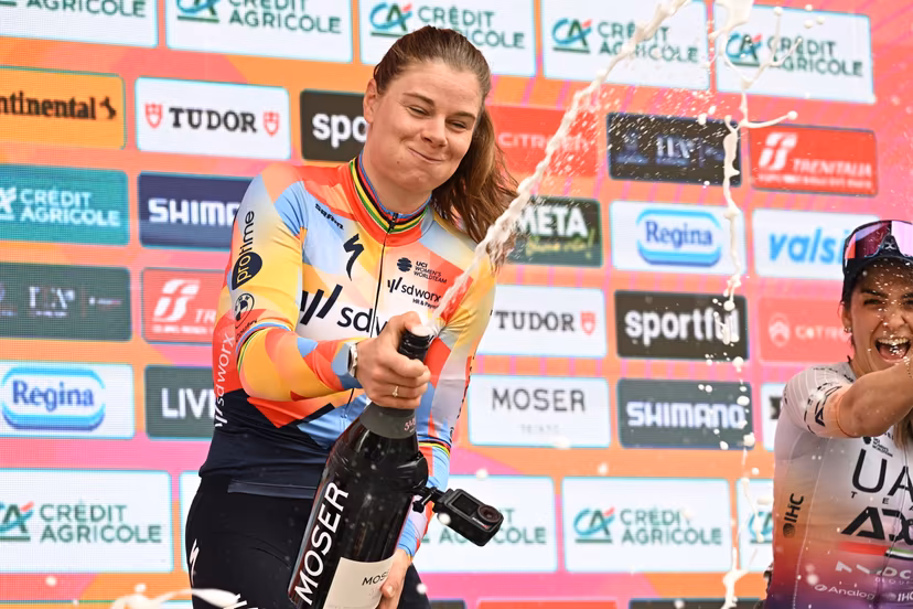 Belgian Lotte Kopecky celebrates on the podium after winning the 'Milano-Sanremo' one day cycling race for women, from Milan to San Remo, Italy, Saturday 21 March 2026. BELGA PHOTO DAVID PINTENS