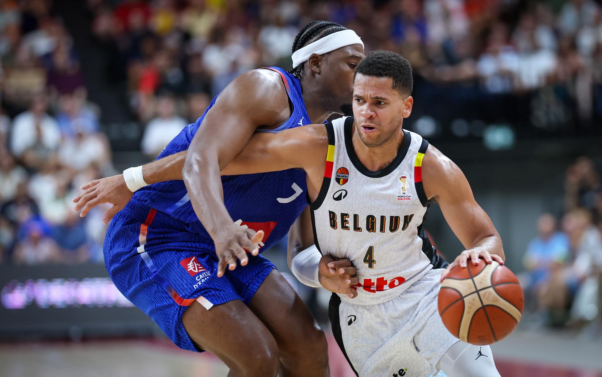 French Guerschon Yabusele and Belgium's Emmanuel Manu Lecomte fight for the ball during a basketball match between Belgian national team Belgian Lions and France, Friday 03 July 2026 in Antwerp, qualifier 5/6 for the men's 2027 FIBA World Championships. BELGA PHOTO VIRGINIE LEFOUR
