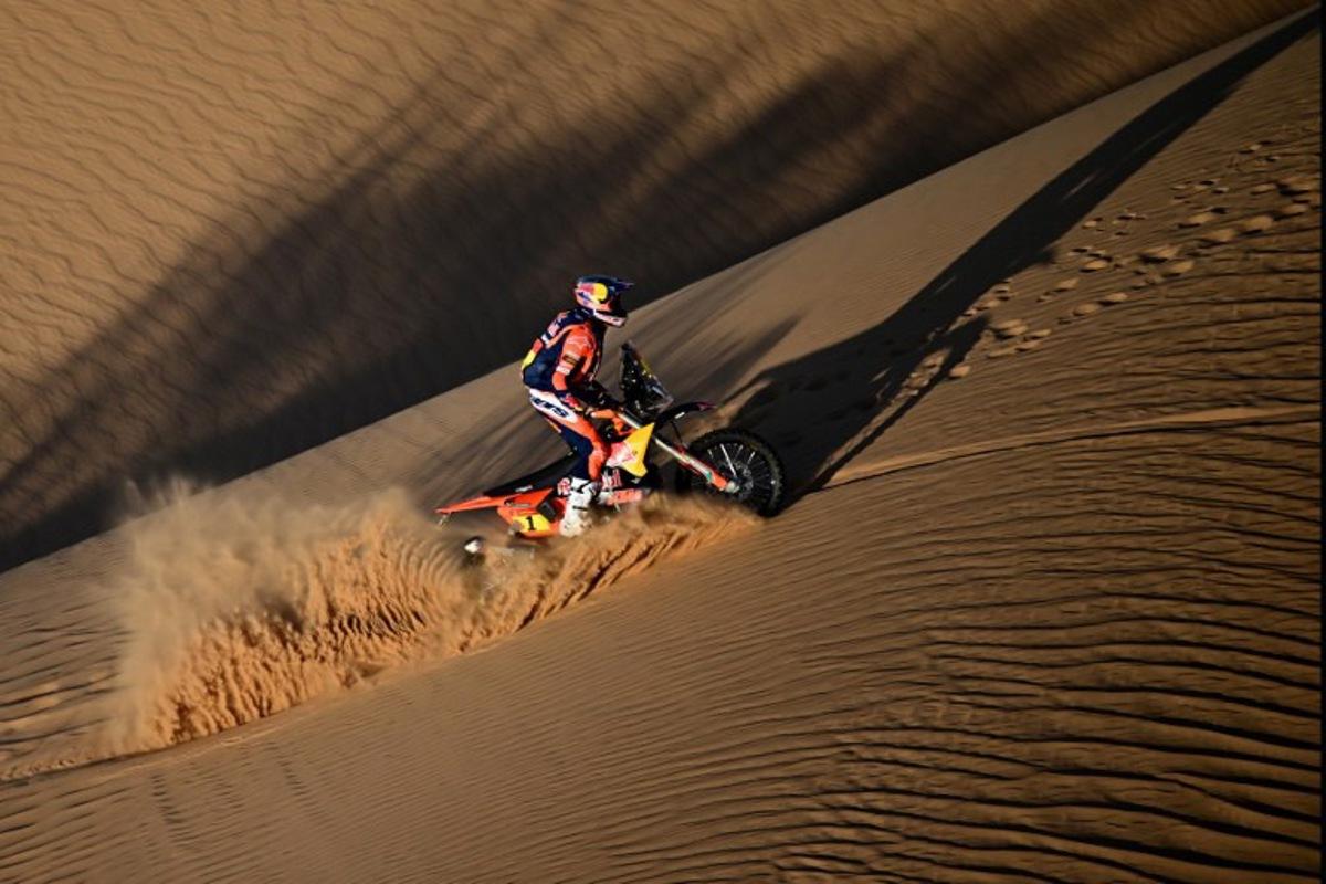 Australian rider Daniel Sanders competes with a Ktm 450 Rally Factory in Stage 9, a marathon stage, during the 48th edition of the Dakar Rally 2026 between Wadi ad-Dawasir and Bisha in Saudi Arabia on January 13, 2026. Giuseppe CACACE / AFP