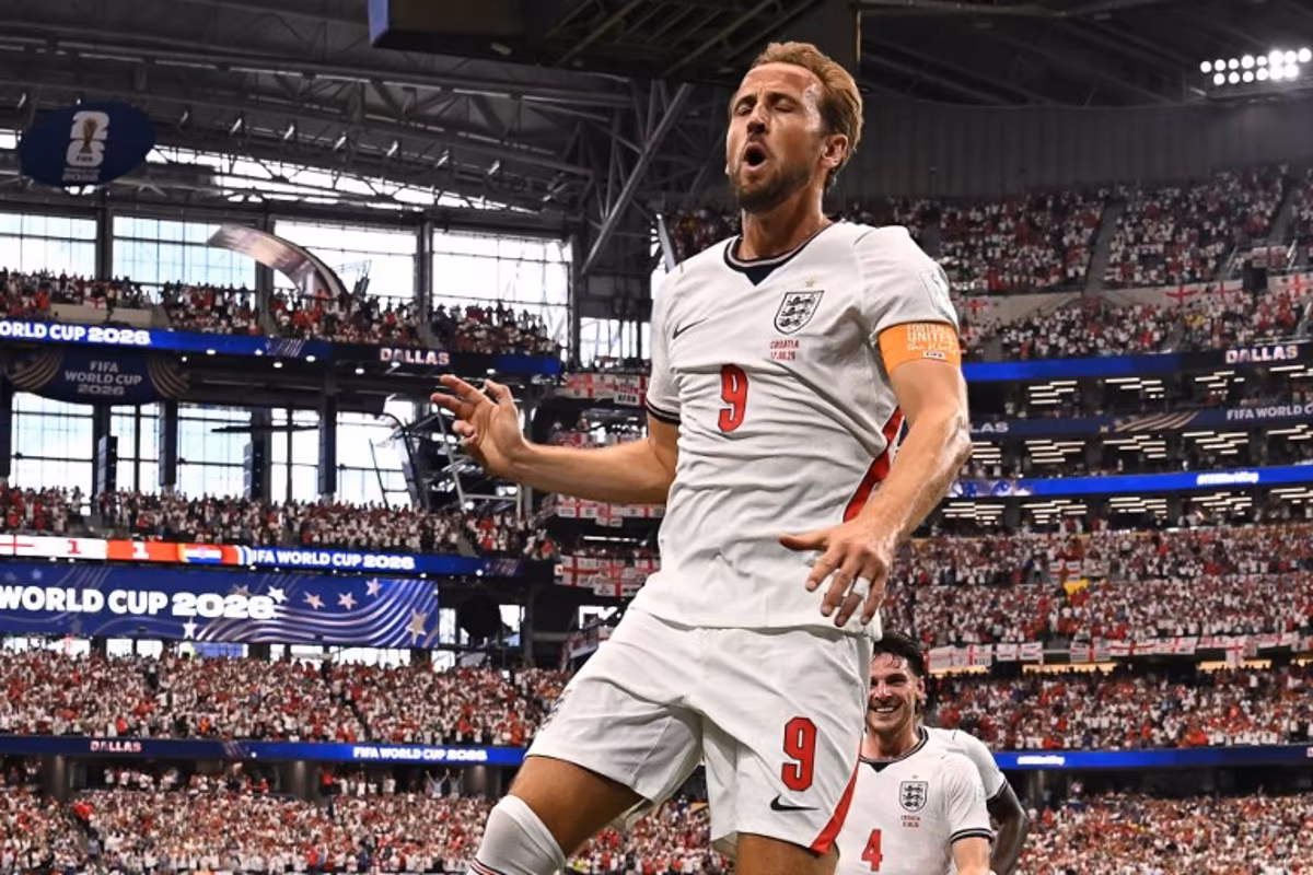 England's forward #09 Harry Kane celebrates after scoring his team's second goal during the 2026 World Cup Group L football match between England and Croatia at the Dallas Stadium in Arlington on June 17, 2026. Paul ELLIS / AFP