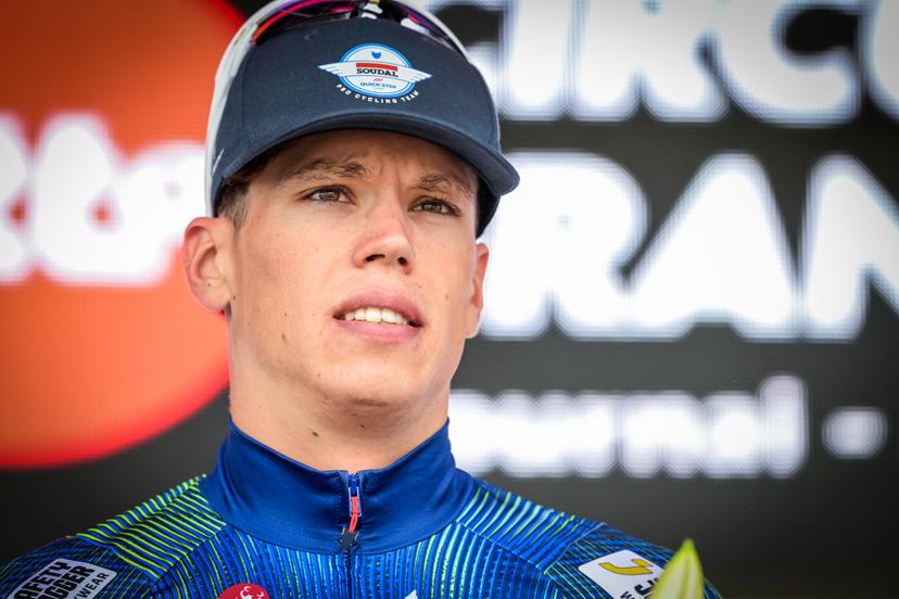 French Paul Magnier of Soudal Quick-Step pictured on the podium after the Circuit Franco-Belge cycling race, 195,6 km from Tournai to Mont-de-l'Enclus, stage 6 (out of 9) of the Lotto Cycling Cup, on Wednesday 10 June 2026. BELGA PHOTO DAVID PINTENS