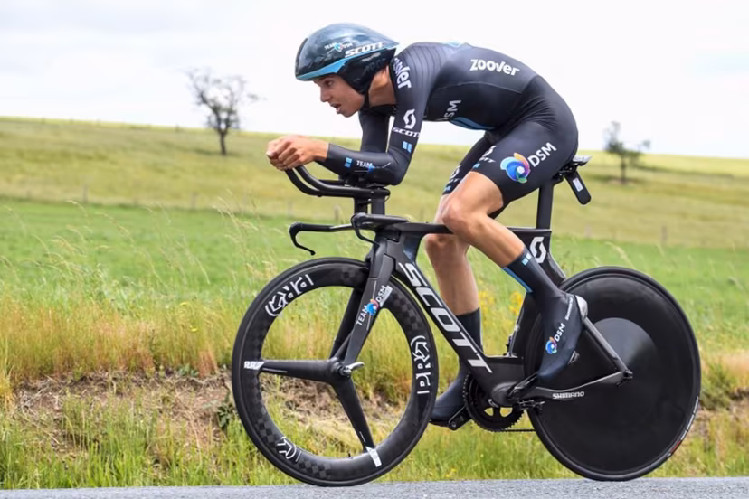 Team DSM's Marco Brenner of Germany competes during the fourth stage of the 73rd edition of the Criterium du Dauphine cycling race, a 16km time trial between Firmigny and Roche-la-Moliere on June 2, 2021. Alain JOCARD / AFP
