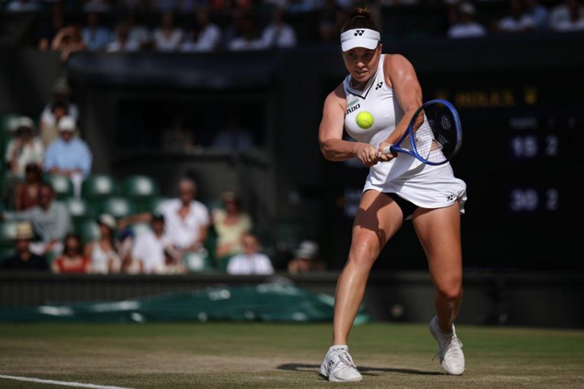 Czech Republic's Linda Noskova returns to Ukraine's Marta Kostyuk during their women's singles semi-final tennis match on the eleventh day of the 2026 Wimbledon Championships at The All England Lawn Tennis and Croquet Club in Wimbledon, southwest London, on July 9, 2026. Henry NICHOLLS / AFP