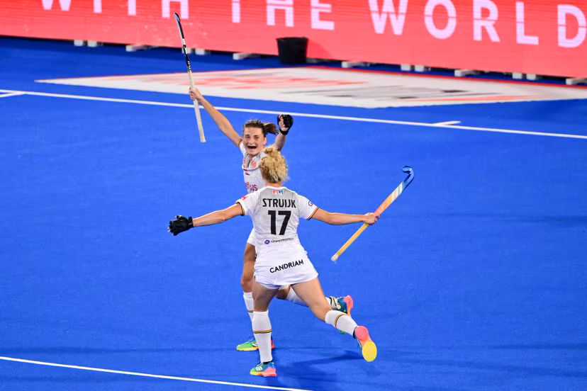 Belgium's Stephanie Vanden Borre and Belgium's Michelle Struijk celebrate after scoring during a field hockey game between Belgian national team Red Panthers and Spain during the group stage of the women's 2026 Hockey World Cup, on Tuesday 18 August 2026, in Wavre. The 2026 edition of the Hockey World Cup takes place in Belgium and The Netherlands from August 15 to August 30. BELGA PHOTO DIRK WAEM