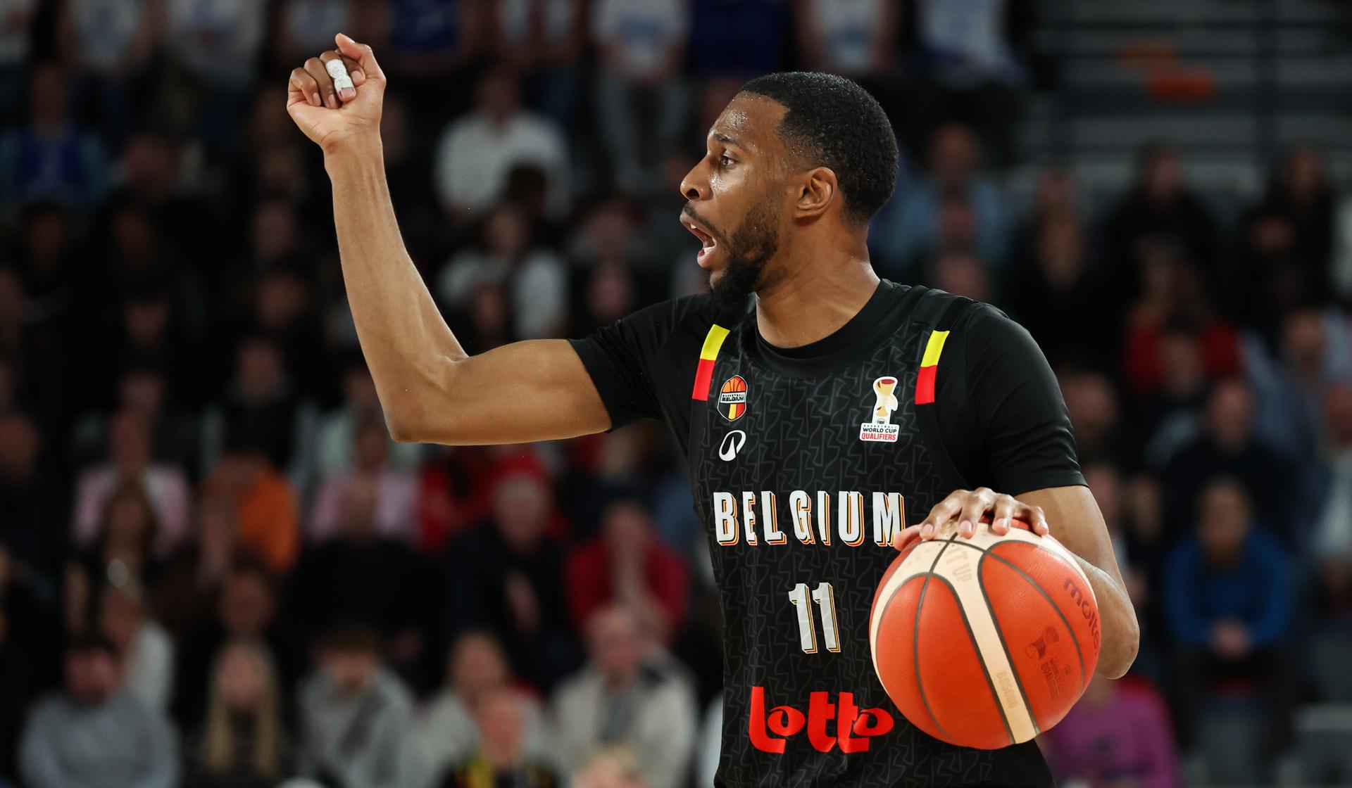 Belgium's Loic Schwartz pictured in action during a basketball match between Belgian national team Belgian Lions and Finland, Friday 27 February 2026 in Charleroi, qualifier 3/6 for the men's 2027 FIBA World Championships. BELGA PHOTO VIRGINIE LEFOUR